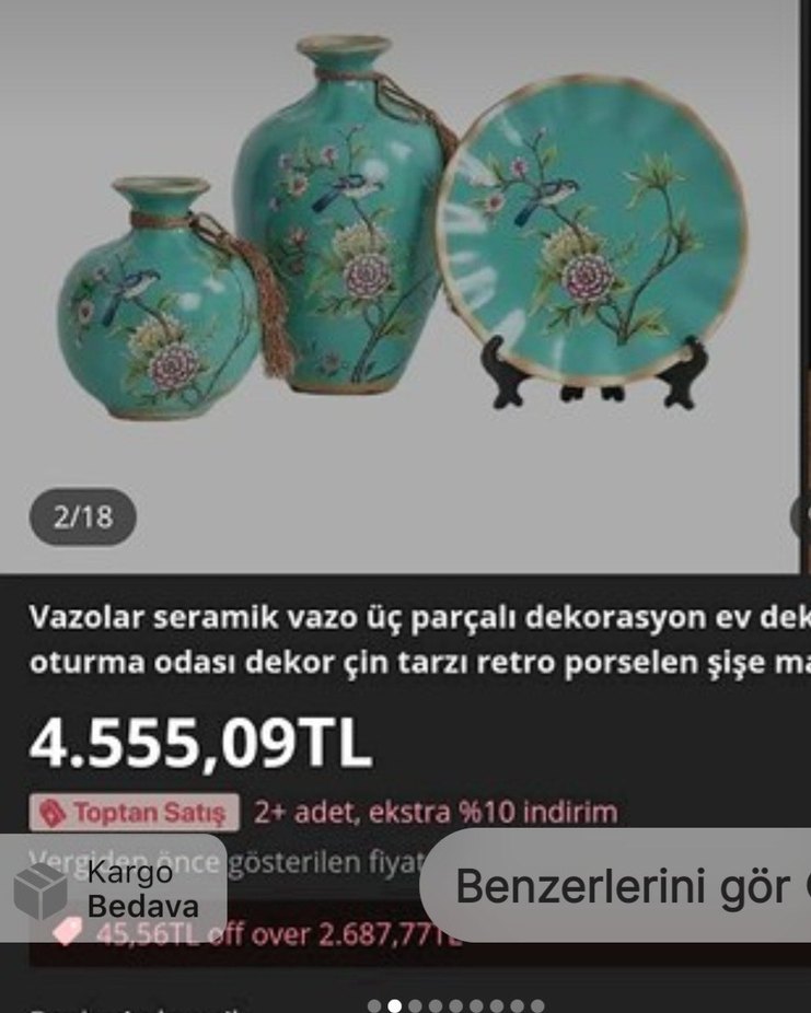 Narin çiçek desenli turkuaz vazolar ve tabak - Görsel 2