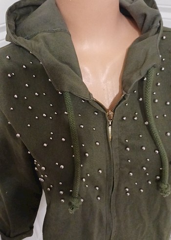 Düğmeli Kapüşonlu Kadın kot Ceket - Görsel 2