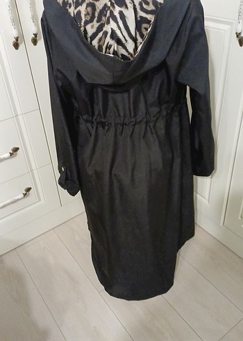 Leopar Desenli Siyah Uzun Kadın trençkot - Görsel 2