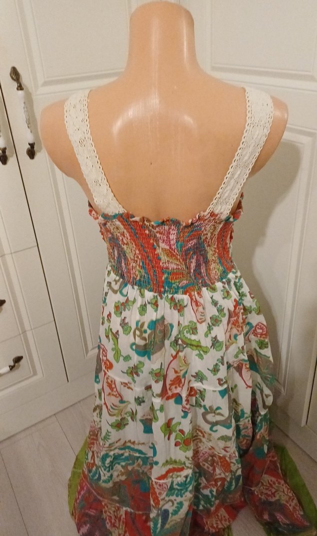 Dantel Detaylı Çok Renkli Bohem Uzun Elbise - Görsel 4