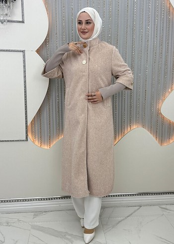 Bej Düğmeli Uzun Kadın Kaban - Görsel 11