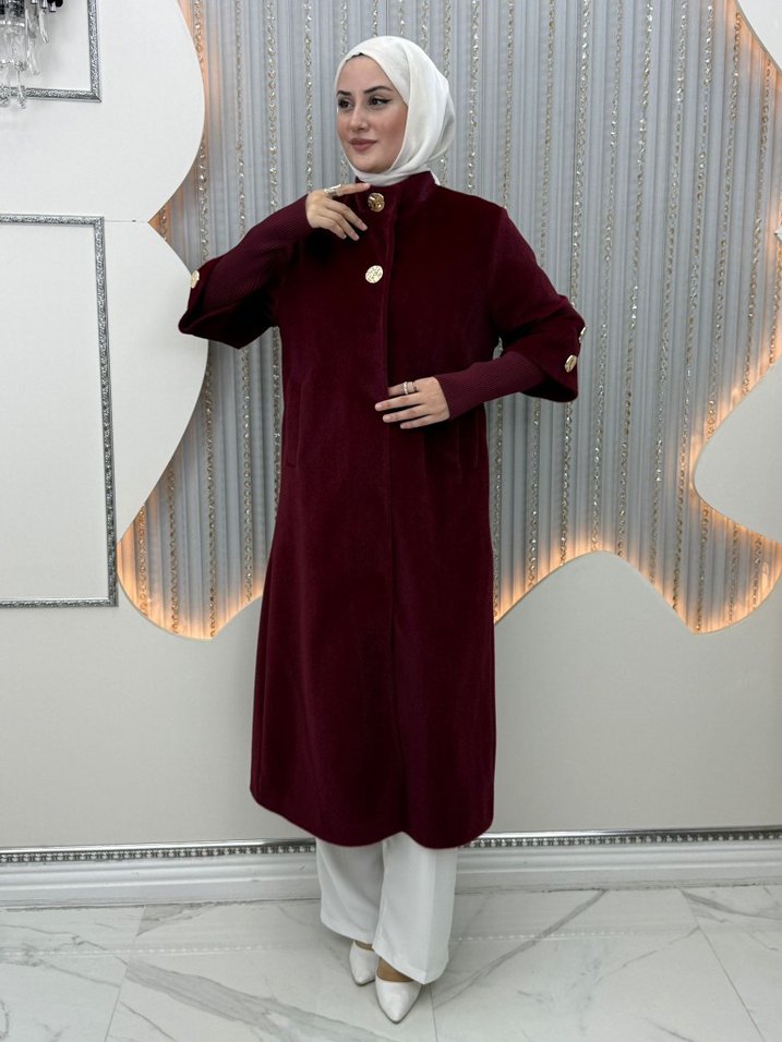 Bej Düğmeli Uzun Kadın Kaban - Görsel 4