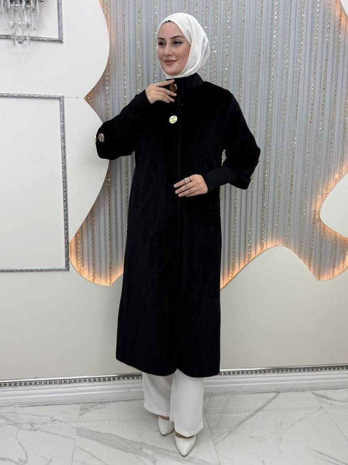 Bej Düğmeli Uzun Kadın Kaban - Görsel 5