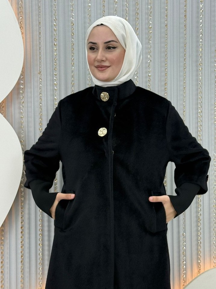 Bej Düğmeli Uzun Kadın Kaban - Görsel 3