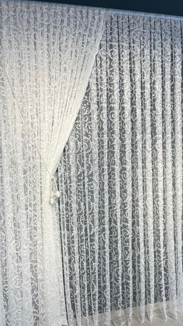 İşlemeli Beyaz Tül Fon Perde - Görsel 5