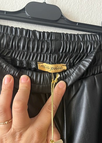 Diğer Kadın Siyah Deri Beli Lastikli Bol Kesim Pantolon