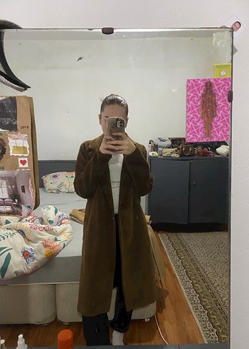 Kadife Kumaşlı kahverengi Renkli Kadın Kaban - Görsel 5