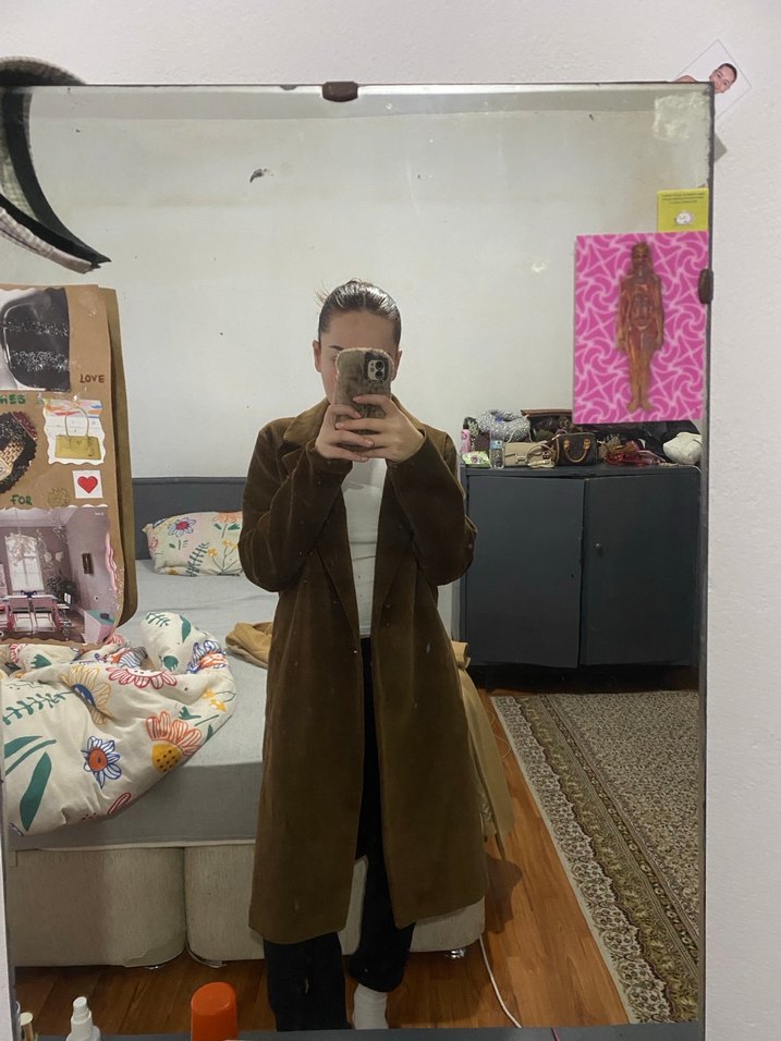 Kadife Kumaşlı kahverengi Renkli Kadın Kaban - Görsel 5