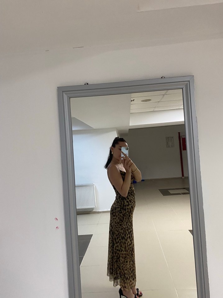 Parlak Leopar Desenli  Straplez elbise - Görsel 3