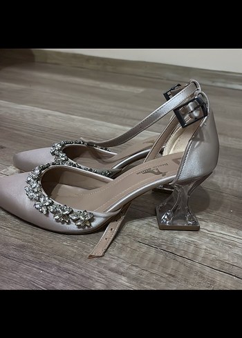 Bej Saten Taşlı Kadın Topuklu Abiye Ayakkabı - Görsel 2