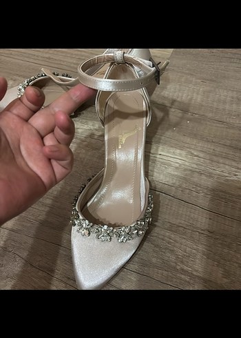 Bej Saten Taşlı Kadın Topuklu Abiye Ayakkabı - Görsel 4