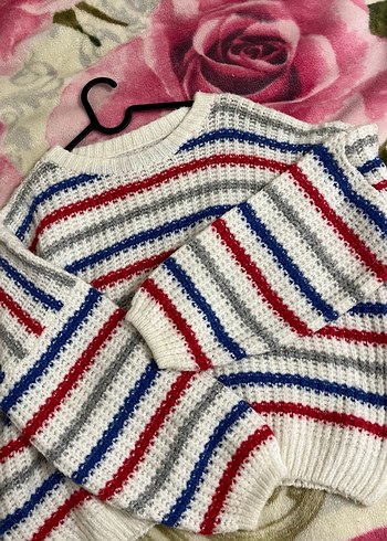 Çok Renkli Çizgili Kadın Örgü Kazak - Görsel 2