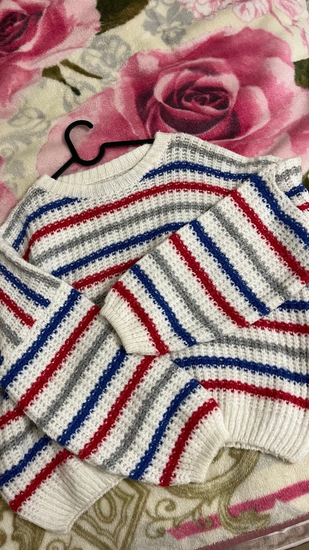 Çok Renkli Çizgili Kadın Örgü Kazak - Görsel 2