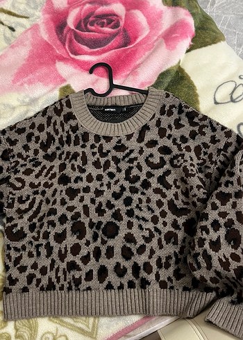 Leopar Desenli Gri Kahverengi Örgü Kadın Kazak - Görsel 3