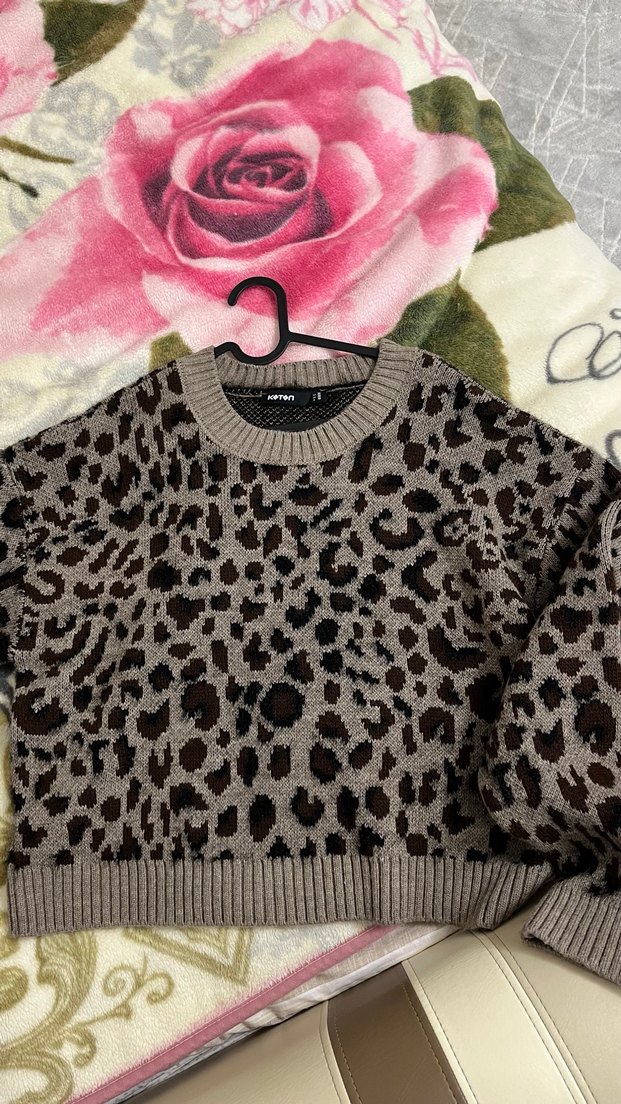 Leopar Desenli Gri Kahverengi Örgü Kadın Kazak - Görsel 3