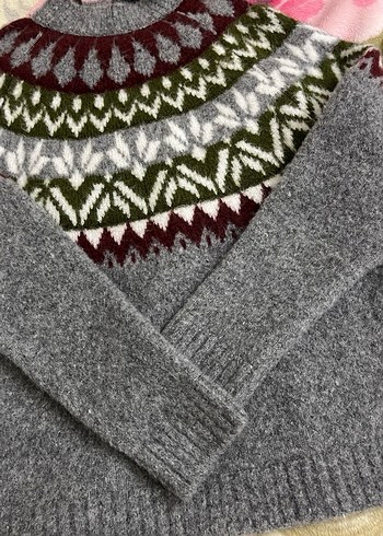 Gri Bohem Örgü Desenli Kadın Kazak - Görsel 2