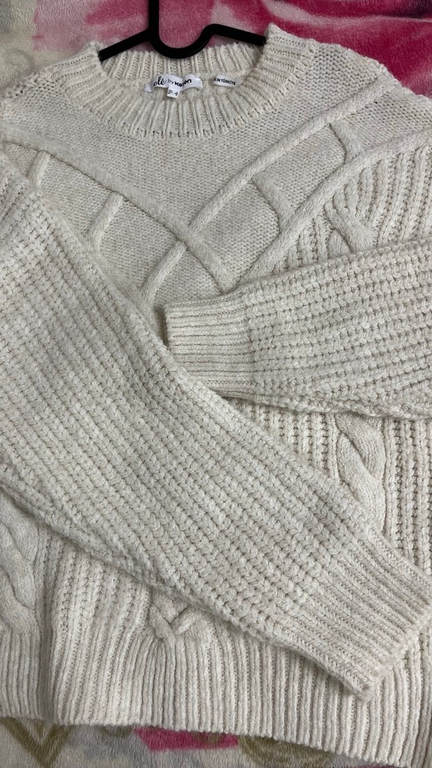 Beyaz Kadın Örgü Salaş Kazak - Görsel 5