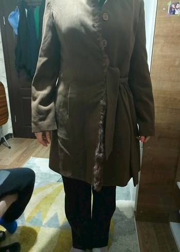 Bej Düğmeli Kadın Süet Uzun Kaban - Görsel 2