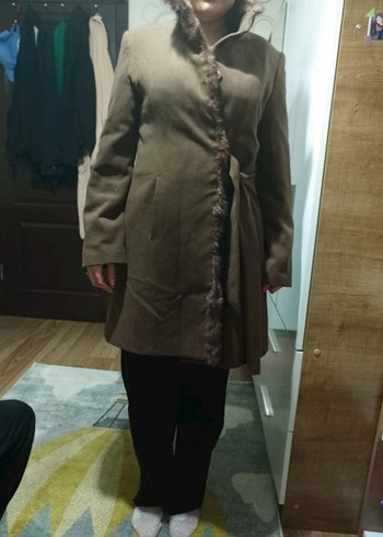 Bej Düğmeli Kadın Süet Uzun Kaban - Görsel 3