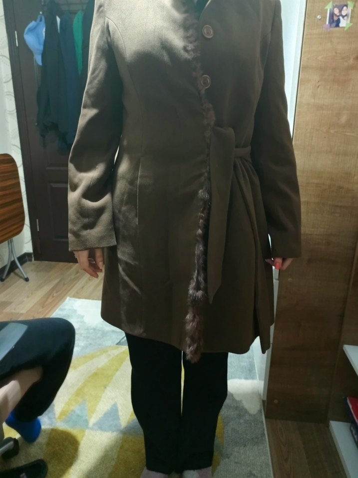 Bej Düğmeli Kadın Süet Uzun Kaban - Görsel 2