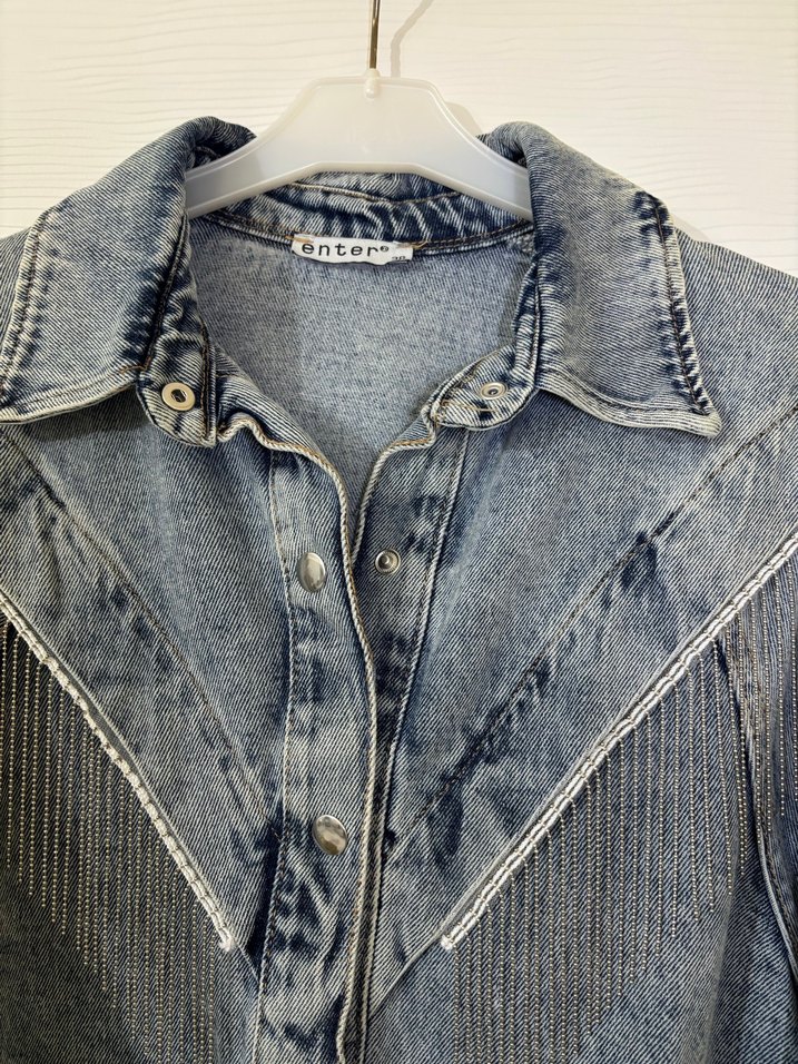 Kadın Mavi Batik Desenli Denim Gömlek Ceket - Görsel 2