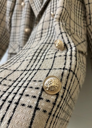 Düğmeli Bej Ekose Midi Blazer ceket - Görsel 4