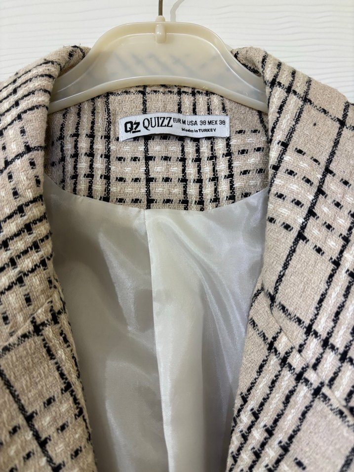 Düğmeli Bej Ekose Midi Blazer ceket - Görsel 2