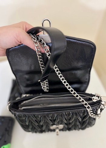 Siyah Deri Kadın Çanta İnci Saplı - Görsel 5