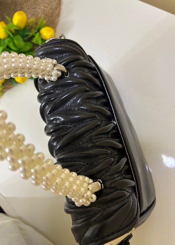 Siyah Deri Kadın Çanta İnci Saplı - Görsel 2