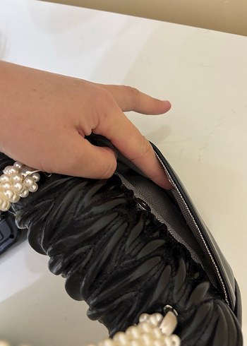 Siyah Deri Kadın Çanta İnci Saplı - Görsel 7