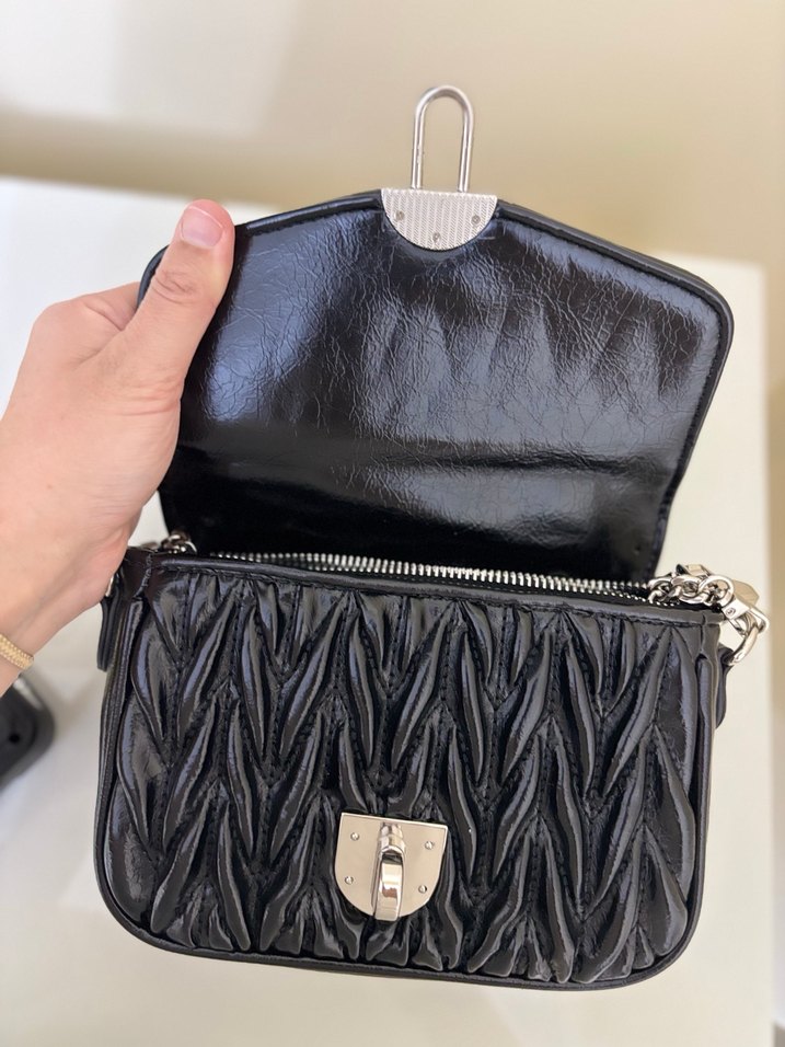 Siyah Deri Kadın Çanta İnci Saplı - Görsel 3