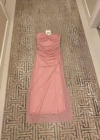 Quzu Straplez Pembe Uzun Elbise - Görsel 2