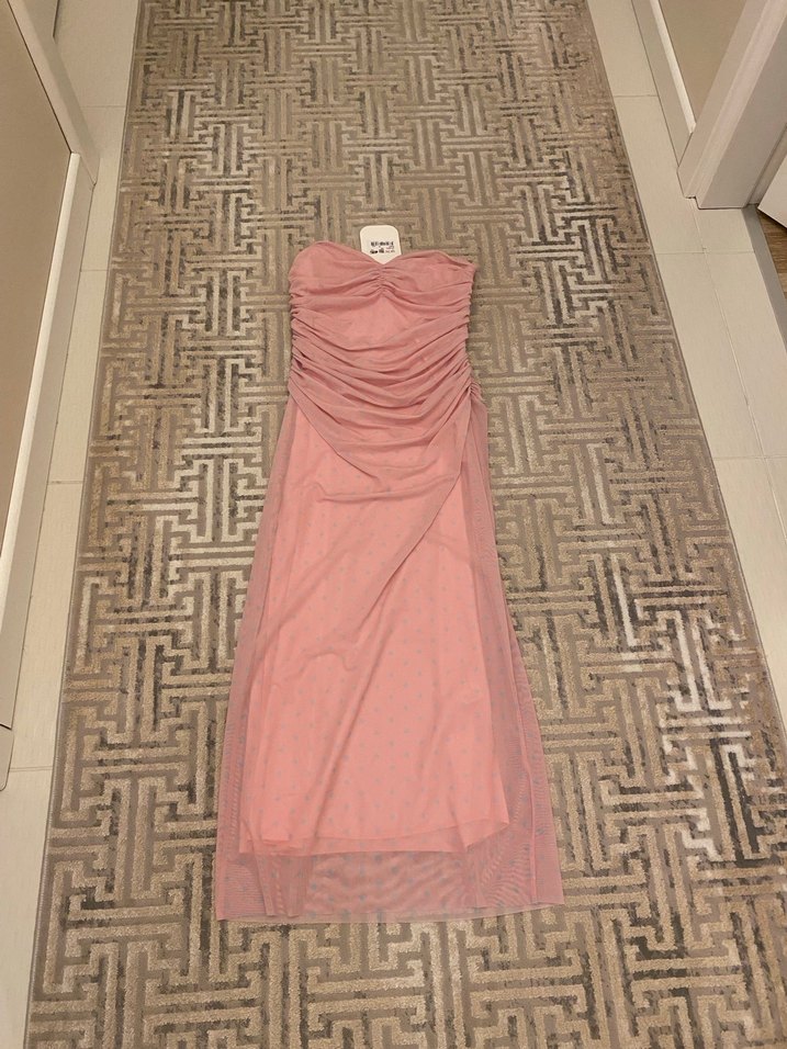 Quzu Straplez Pembe Uzun Elbise - Görsel 2