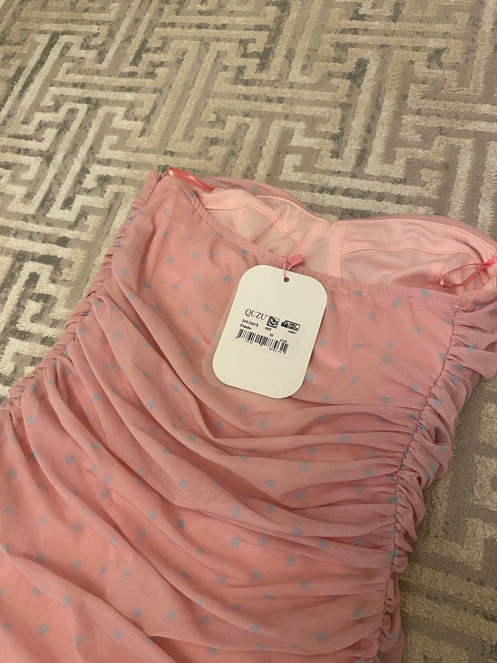 Quzu Straplez Pembe Uzun Elbise - Görsel 3