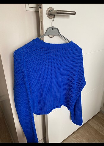 Mavi Örgü Crop Kazak - Görsel 2