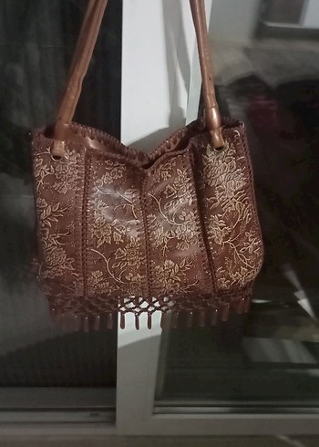 Kahverengi Nakışlı Püsküllü Deri Bohem Çanta - Görsel 4