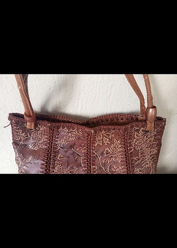 Kahverengi Nakışlı Püsküllü Deri Bohem Çanta - Görsel 2