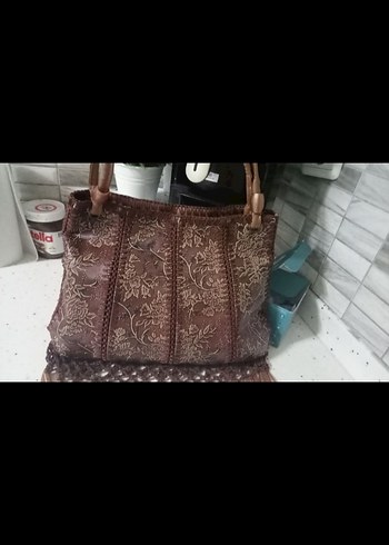 Kahverengi Nakışlı Püsküllü Deri Bohem Çanta - Görsel 6