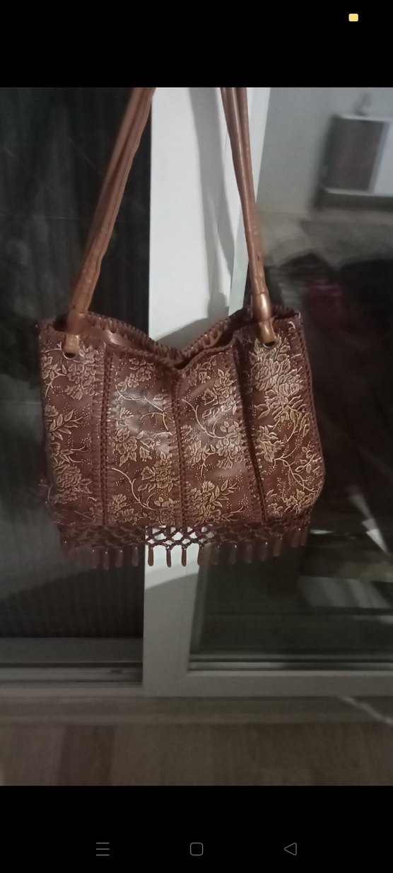 Kahverengi Nakışlı Püsküllü Deri Bohem Çanta - Görsel 4