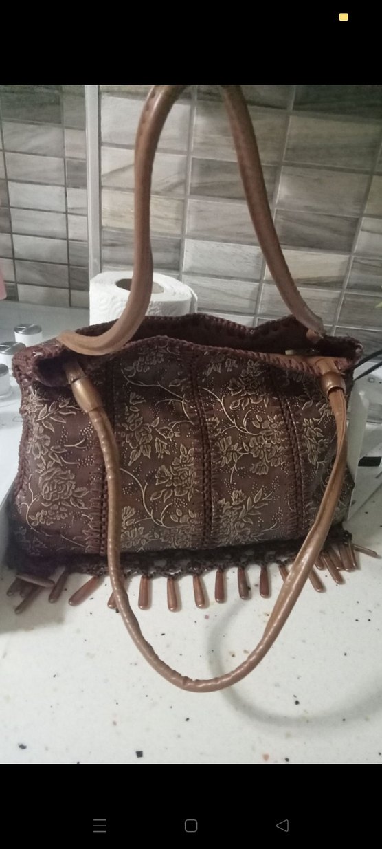 Kahverengi Nakışlı Püsküllü Deri Bohem Çanta - Görsel 5