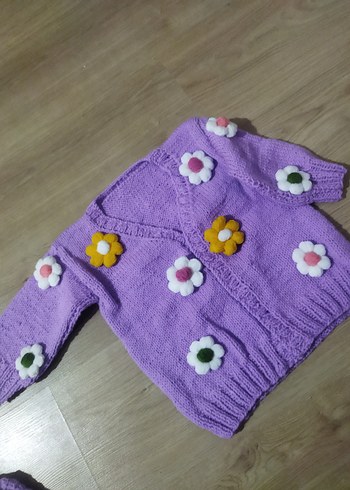 4 Yaş Beden mor Renk El örgüsü Çiçekli Mor Kız Triko Hırka