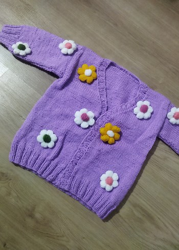 4 Yaş Beden El örgüsü Çiçekli Mor Kız Triko Hırka