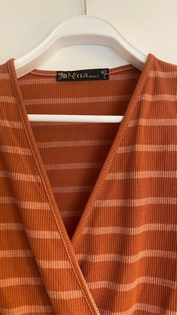 Düğmeli V Yaka pudra Kadın Bluz - Görsel 3