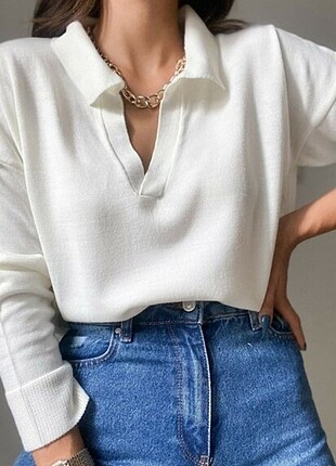 Bershka Beyaz Polo Yaka Kazak