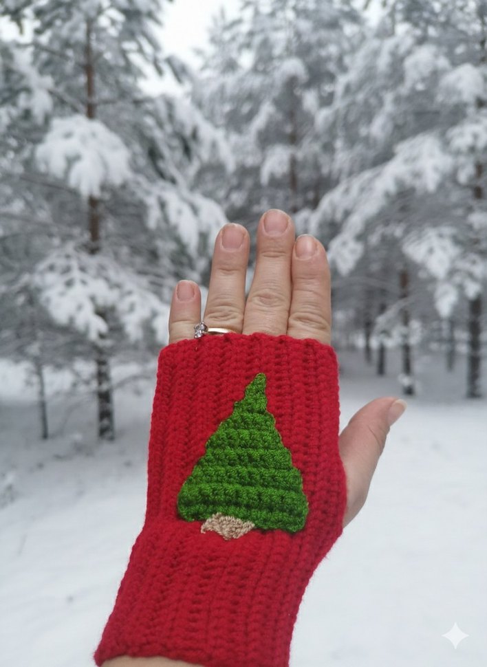 Kadın Kırmızı Örgü Parmaksız Eldiven - Görsel 2