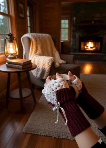 Bordo Örgü Bohem Kadın Eldiveni - Görsel 2