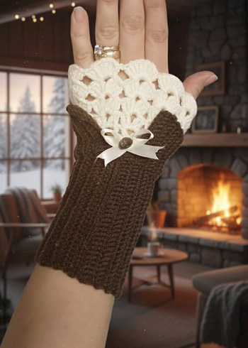 Bohem Örgü Kahverengi Kadın Eldiveni - Görsel 2