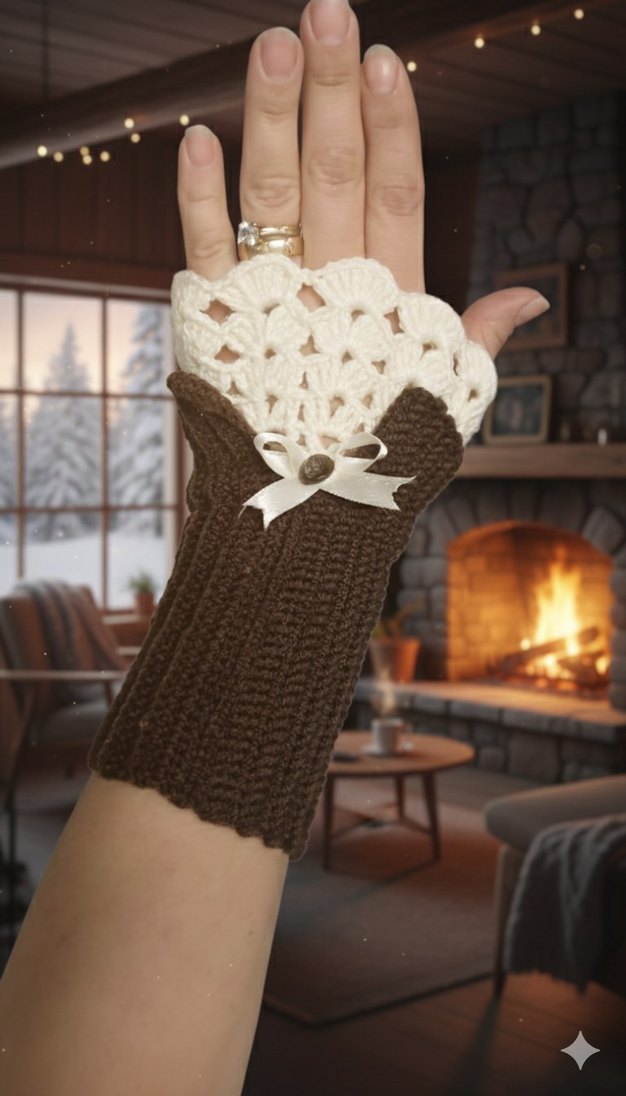 Bohem Örgü Kahverengi Kadın Eldiveni - Görsel 2