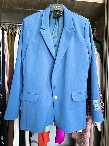 m Beden Mavi kol detaylı blazer ceket