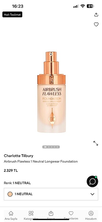 Charlotte Tilbury Airbrush Flawless 1 Neutral Longwear Foundatio